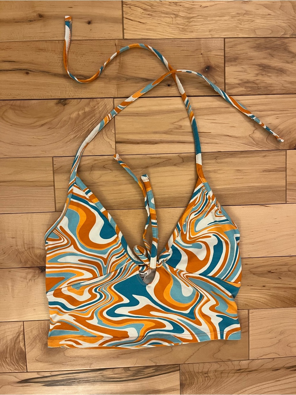 Garage Multicolor Swirl Halter Crop Top - Teal, Orange & White